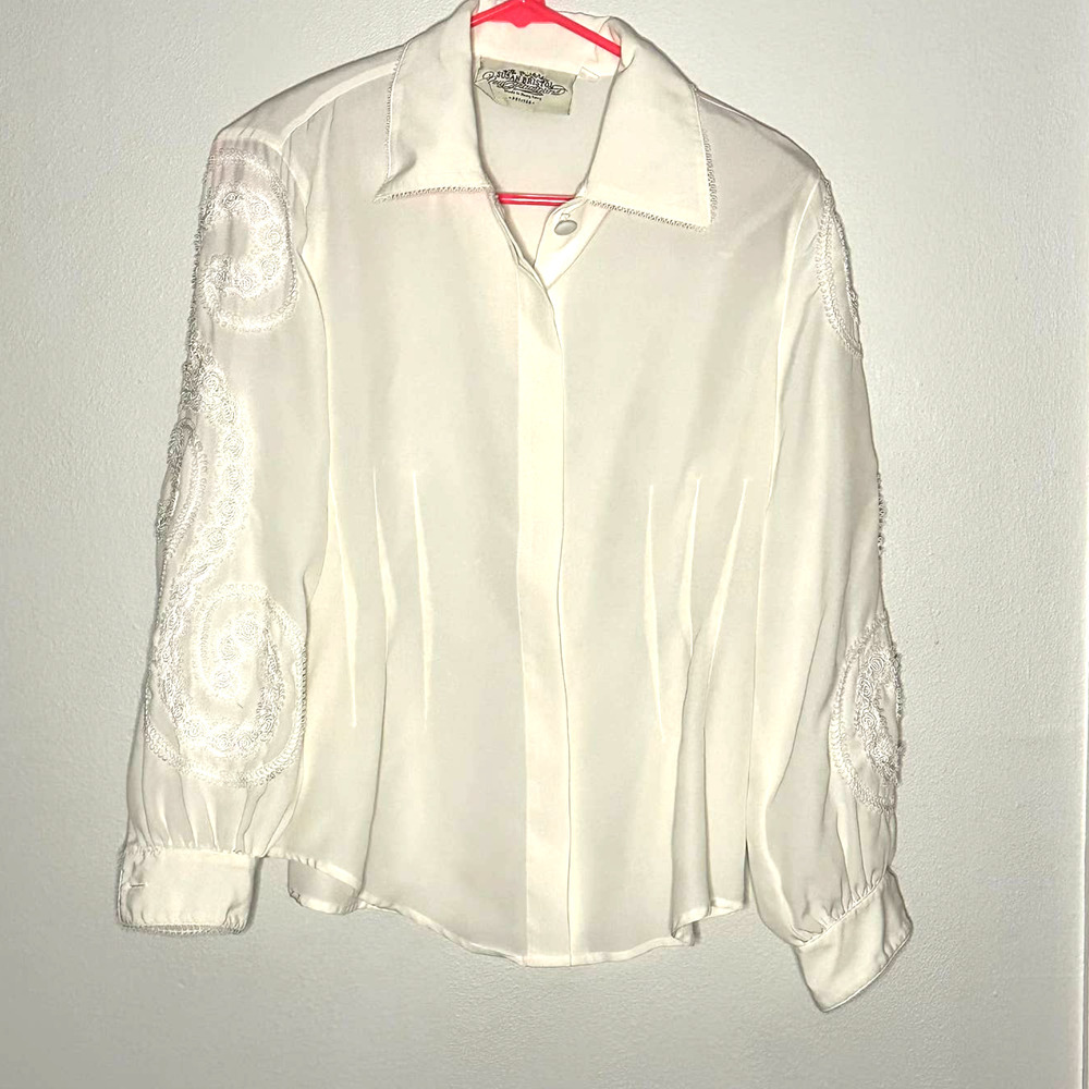 Vintage Susan Bristol Top Ivory Button Front Lace Embroidered Sleeves Sheer P8